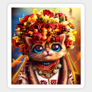 Cute autumn cat in ukrainian clothes and wreath Sticker